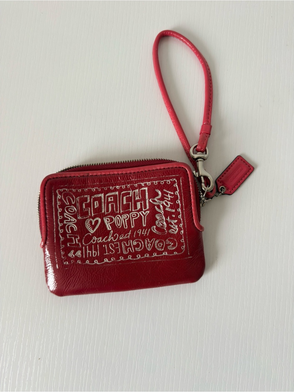 Coach Poppy Red Patent Leather Graffiti Doodle Mini Wristlet Wallet / Card Case